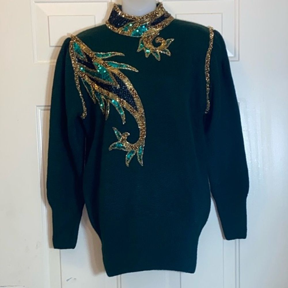 VTG,New Shannan Green Sweater with Gold and Sequin and Rhinestone Design Size M